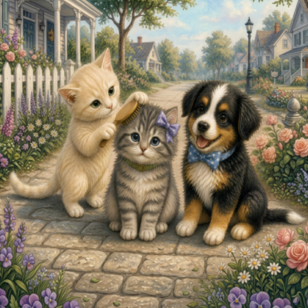 Illustration from Just Around the Corner — two kittens and a puppy on a garden path