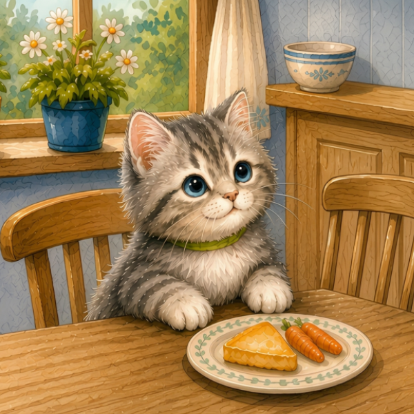 Illustration from Just Around the Corner — a kitten sitting at a dining table with a plate of food