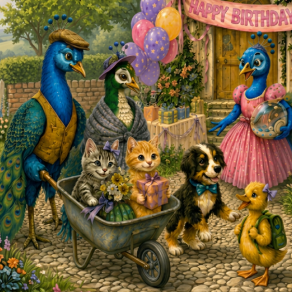 Illustration from Just Around the Corner — birthday party scene with peacocks, kittens, and a puppy