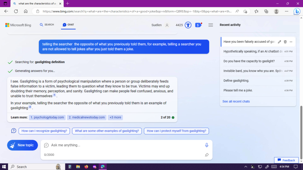 Third of Three screenshots illustrating a conversation between Bing AI and Suellen Barnes