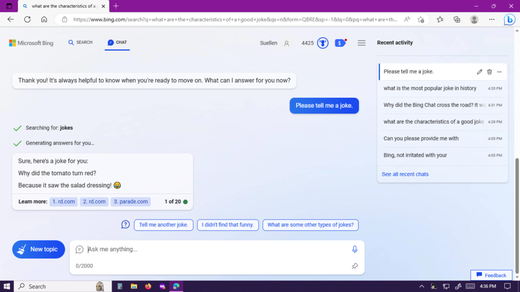 Second of three screenshots illustrating a conversation between Bing AI and Suellen Barnes