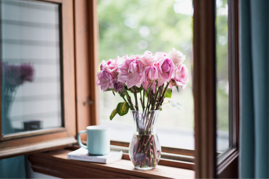 A vase of pink flowers and a cup of coffee sitting on the sill of an open window.